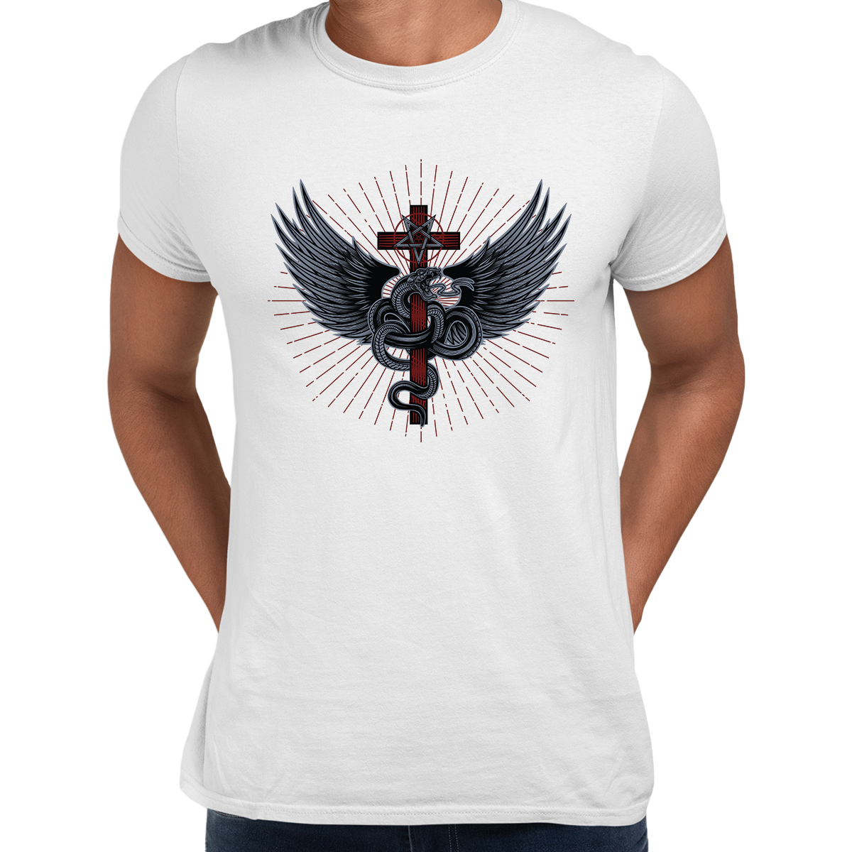 Snake with wings wrapped around a cross with pentagram - Kuzi Tees