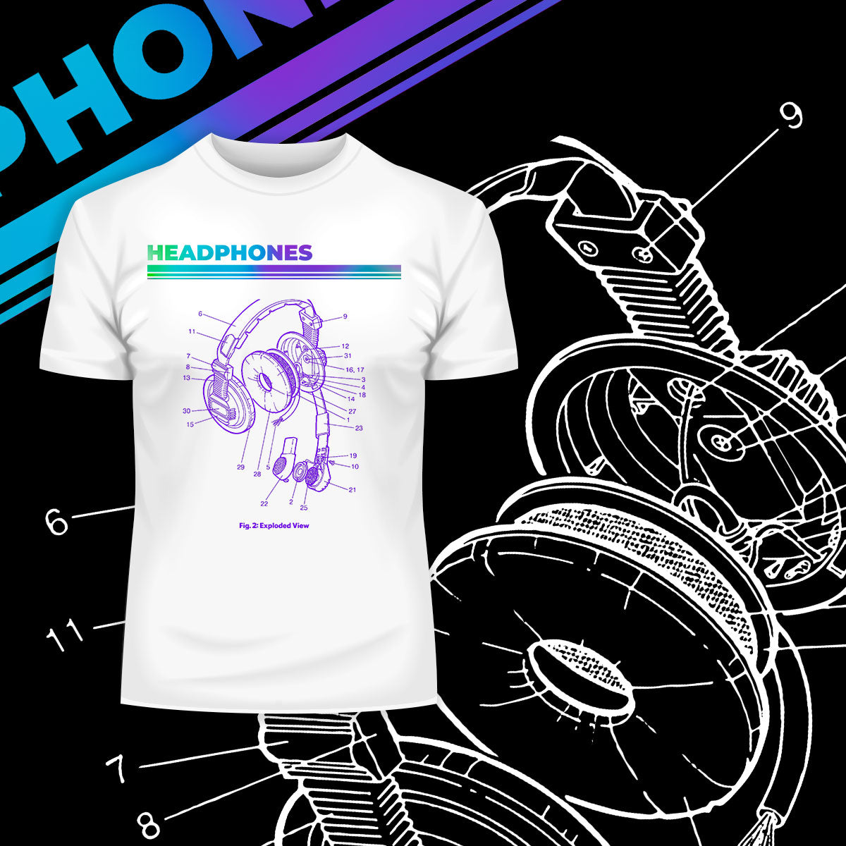 Retro Headphones Exploded View Old Fashion Old Skool - Kuzi Tees