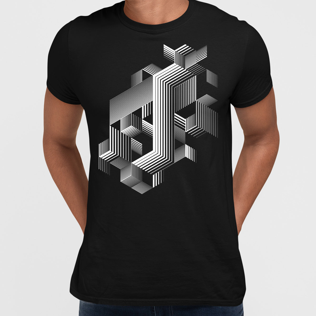 Linear striped abstract 3D dimensional retro style graphic element T-shirt with cubes Three - Kuzi Tees
