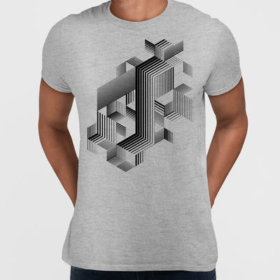 Linear striped abstract 3D dimensional retro style graphic element T-shirt with cubes Three - Kuzi Tees