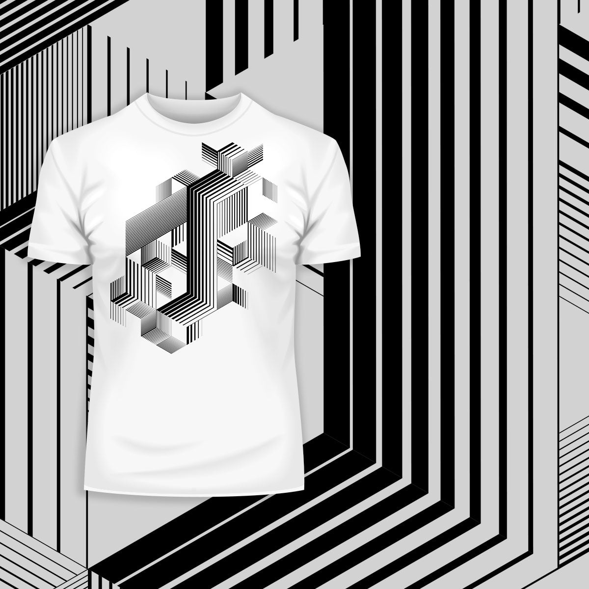 Linear striped abstract 3D dimensional retro style graphic element T-shirt with cubes Three - Kuzi Tees