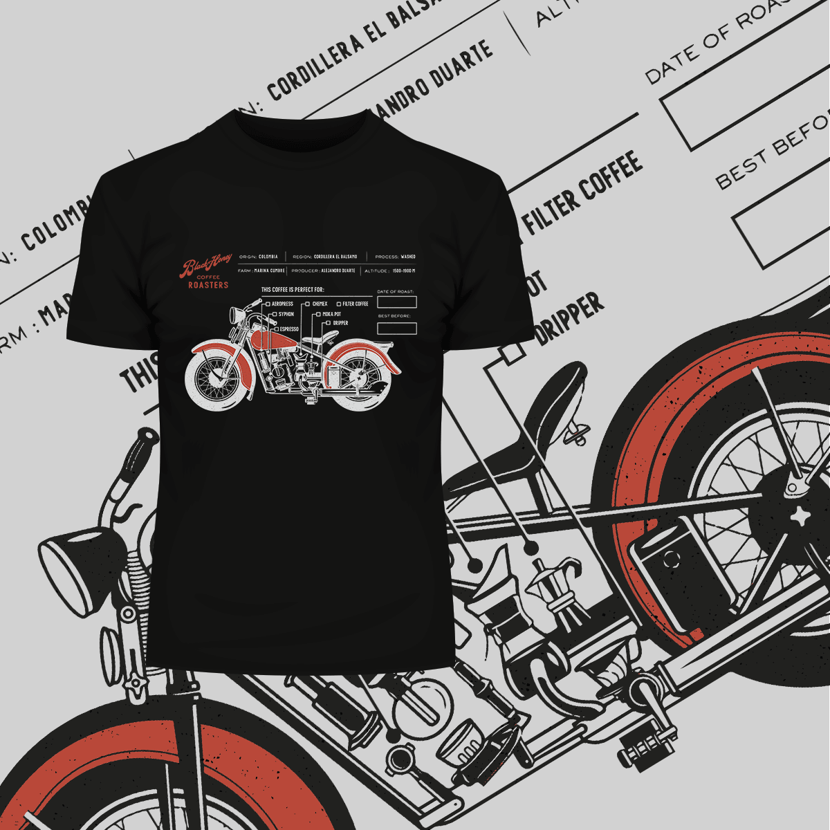 Coffee Roaster Hipster Harley Davidson Biking Columbia Coffee Beans T-Shirt - Kuzi Tees