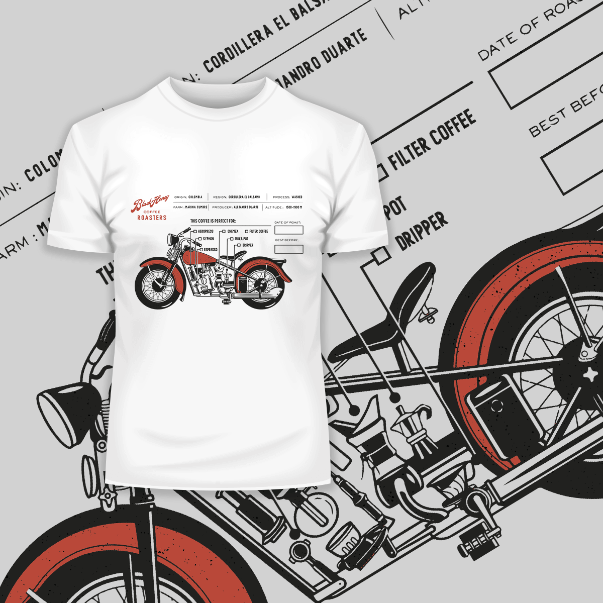 Coffee Roaster Hipster Harley Davidson Biking Columbia Coffee Beans T-Shirt - Kuzi Tees