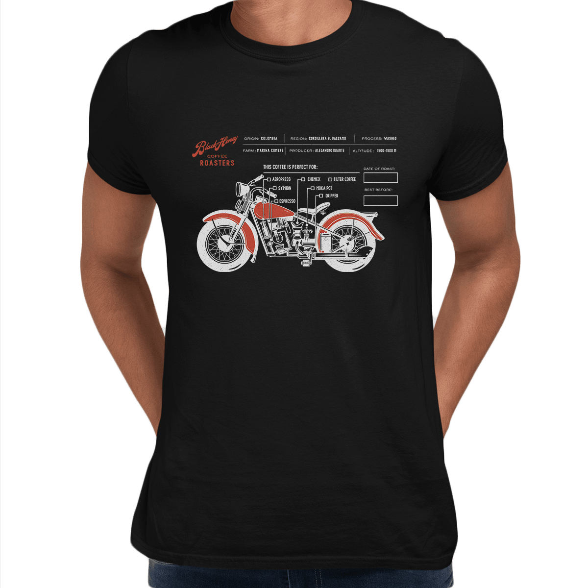 Coffee Roaster Hipster Harley Davidson Biking Columbia Coffee Beans T-Shirt - Kuzi Tees