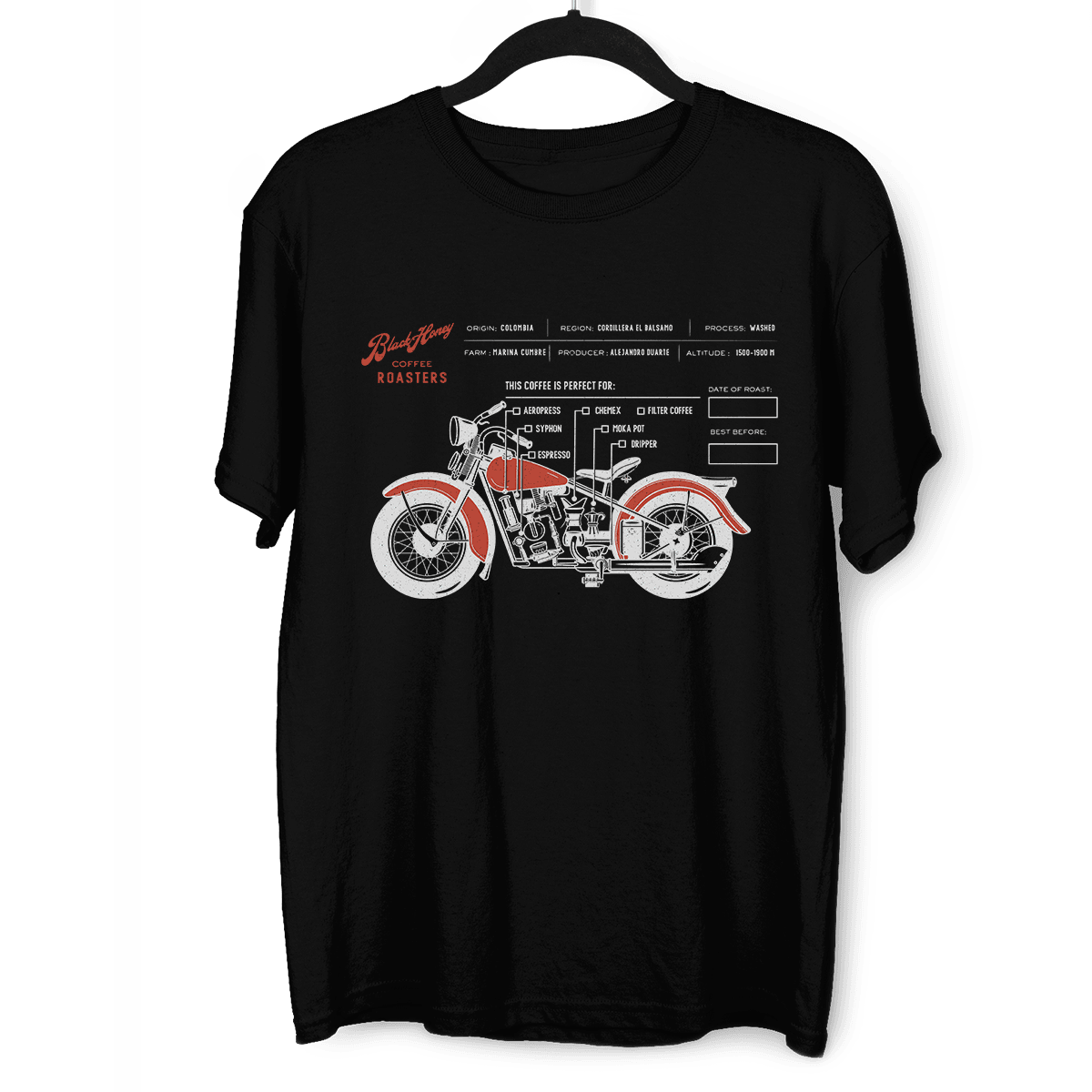 Coffee Roaster Hipster Harley Davidson Biking Columbia Coffee Beans T-Shirt - Kuzi Tees