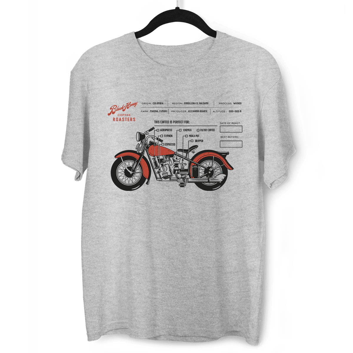 Coffee Roaster Hipster Harley Davidson Biking Columbia Coffee Beans T-Shirt - Kuzi Tees