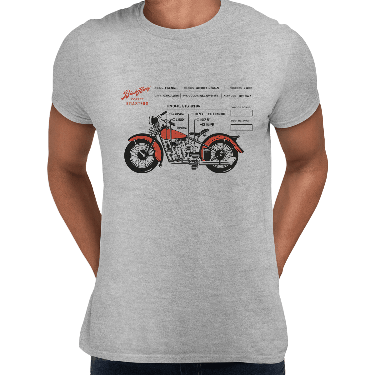 Coffee Roaster Hipster Harley Davidson Biking Columbia Coffee Beans T-Shirt - Kuzi Tees