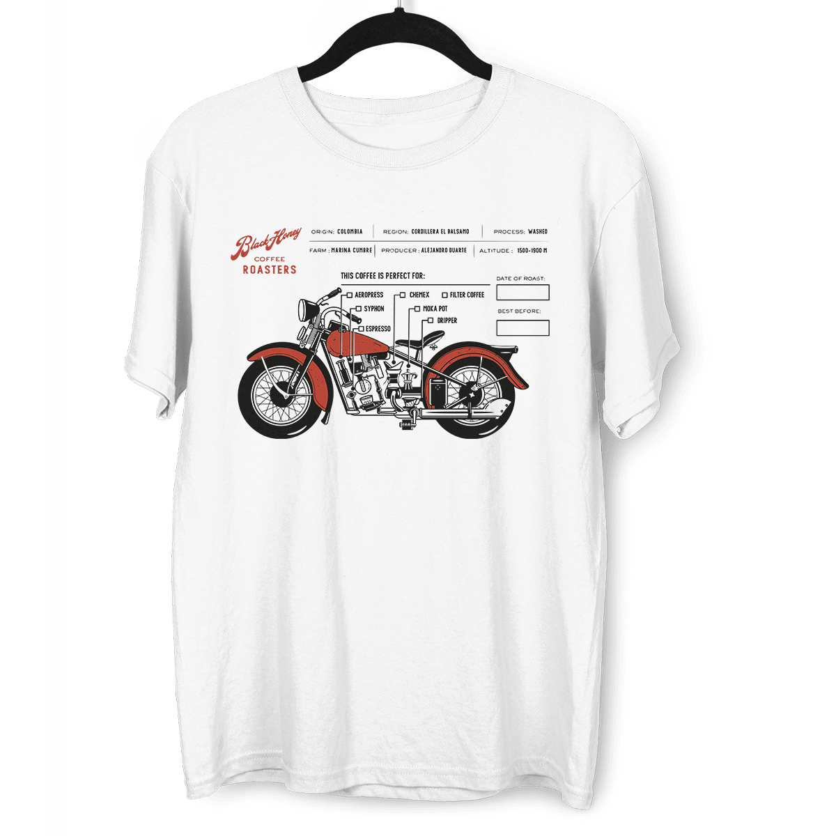 Coffee Roaster Hipster Harley Davidson Biking Columbia Coffee Beans T-Shirt - Kuzi Tees