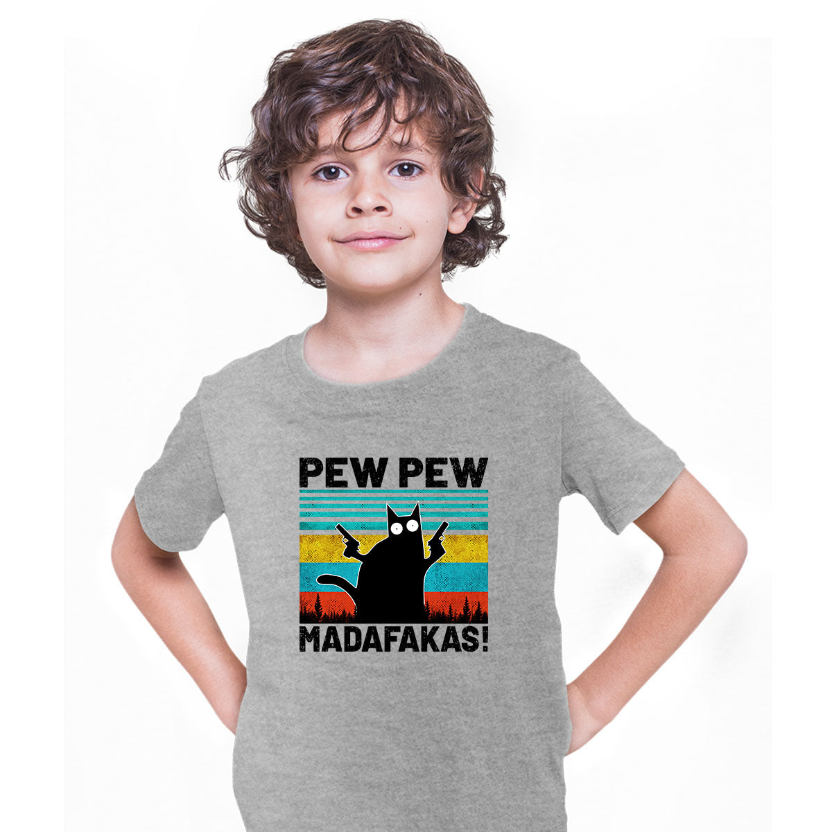 PEW PEW MAD... Vintage Funny T-Shirt Cat Retro Kitten Xmas Gift T-shirt for Kids - Kuzi Tees