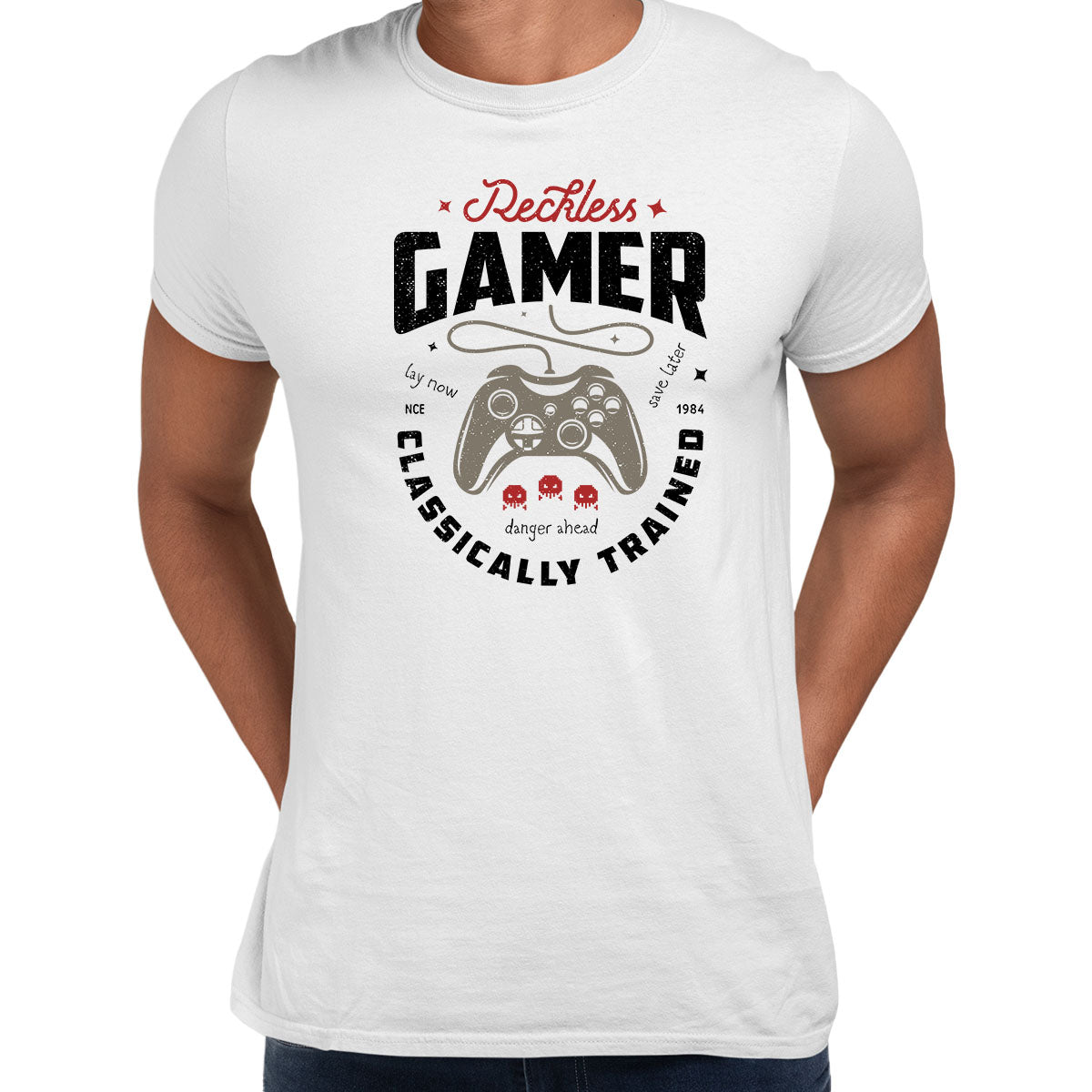Mens Gaming T-Shirt Old School Gamer Retro Video Game Reckless Player Unisex T-Shirt - Kuzi Tees