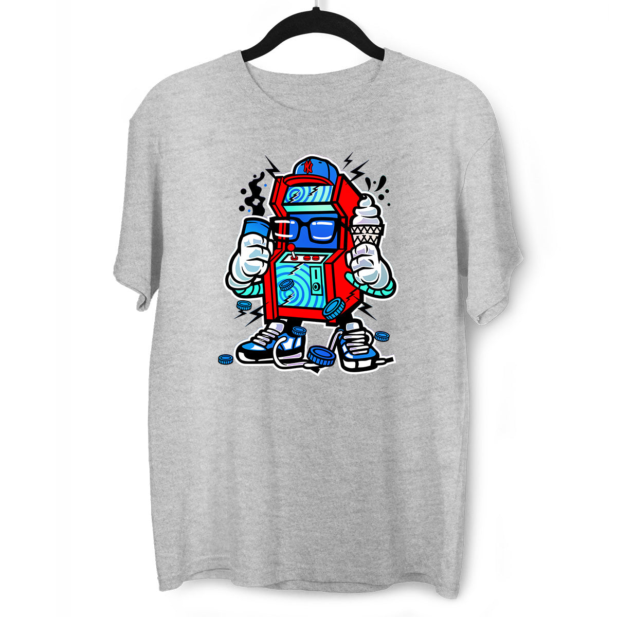 Retro 8-Bit Arcade Cabinet with Ice cream Nostalgia 80's Shirt White Black & Grey Tee - Kuzi Tees