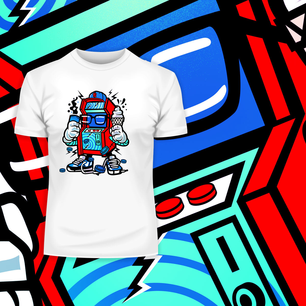 Retro 8-Bit Arcade Cabinet with Ice cream Nostalgia 80's Shirt White Black & Grey Tee - Kuzi Tees