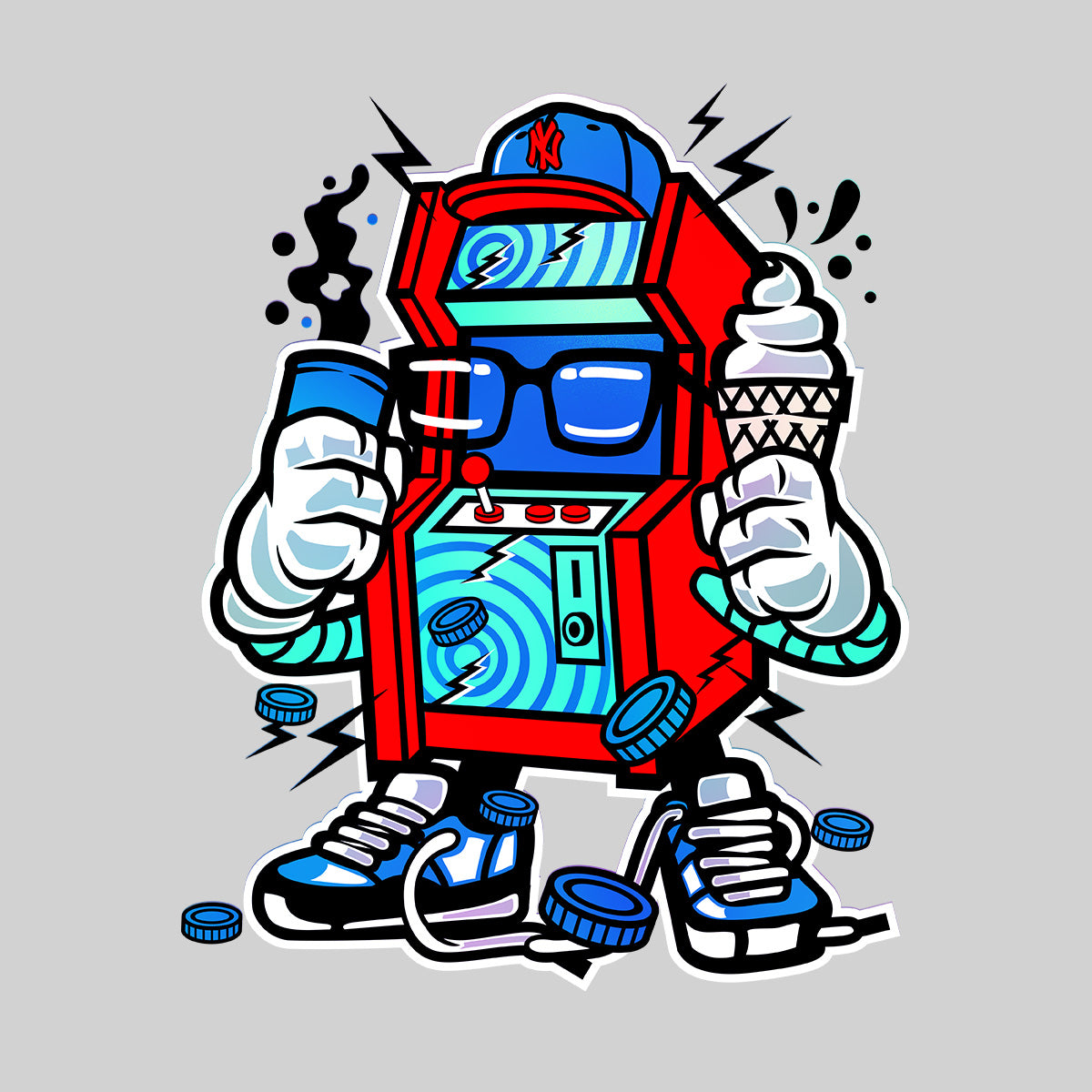 Retro 8-Bit Arcade Cabinet with Ice cream Nostalgia 80's Shirt White Black & Grey Tee - Kuzi Tees