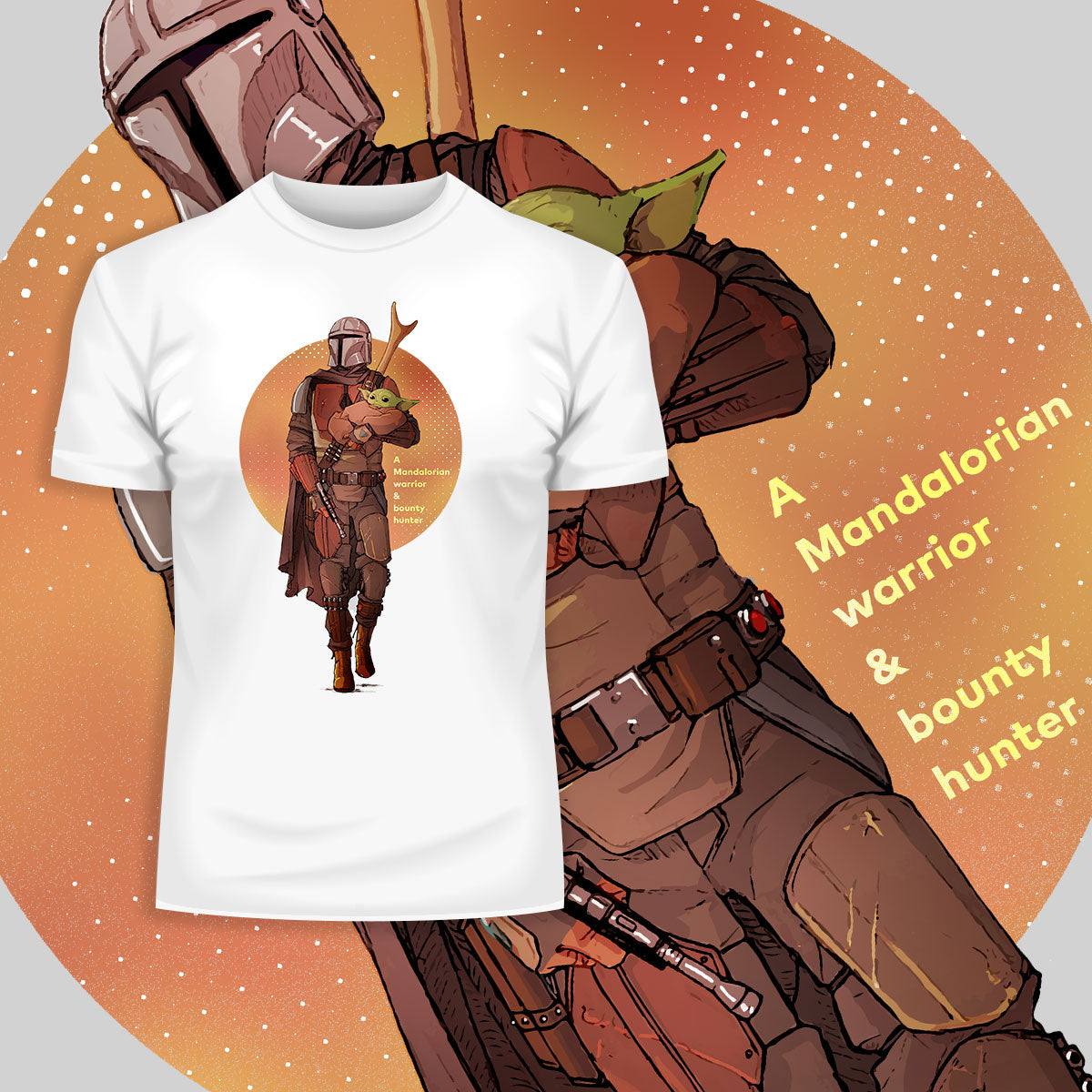 Star Wars The Mandalorian Baby Yoda Sunset Silhouette Black & White Unisex T-Shirt - Kuzi Tees