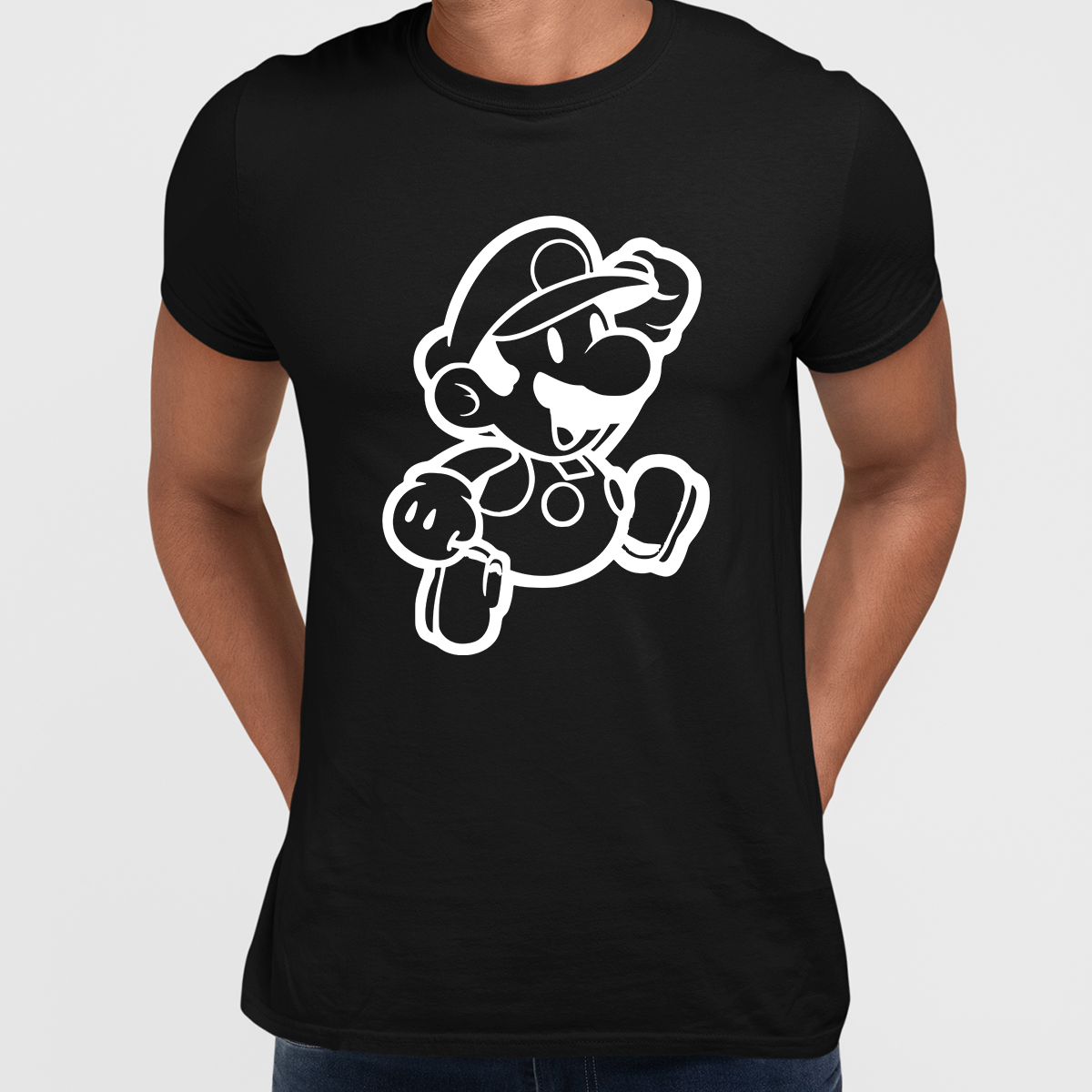 Super Mario Bros Outlined Jumping Mario T-Shirt for all Retro Nintendo Minds - Kuzi Tees
