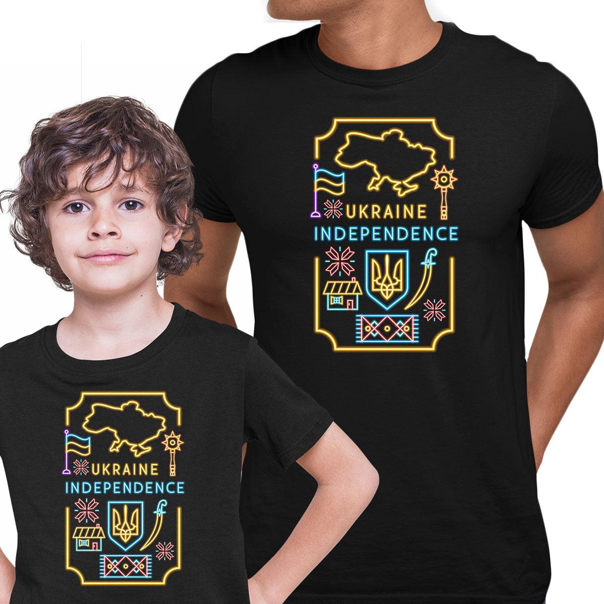 Independent Ukraine National Symbols Neon Glow Kids T-Shirt Support Ukraine War - Kuzi Tees