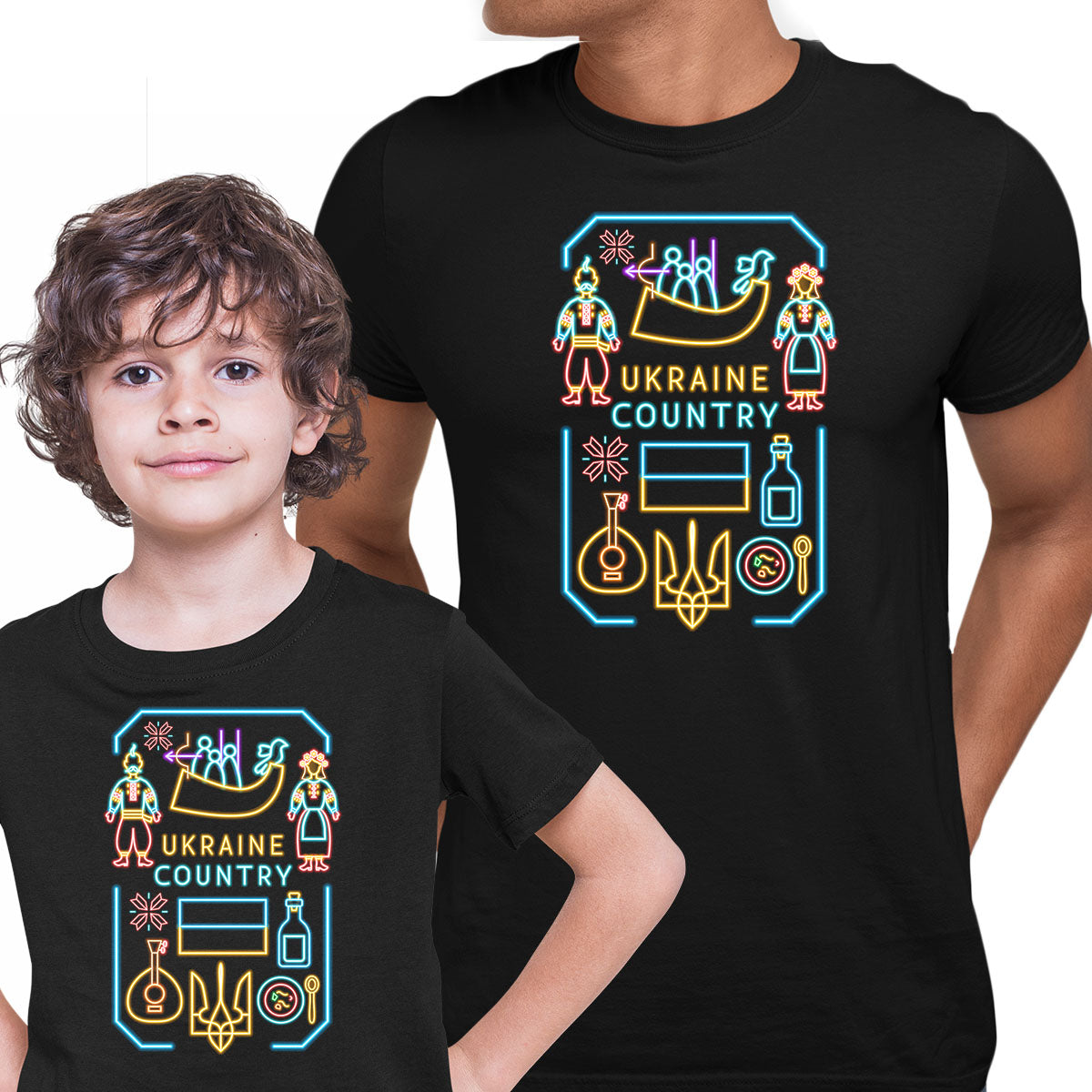 Neon Glow Ukraine National Symbols Black Kids T-Shirt Support Ukraine War - Kuzi Tees