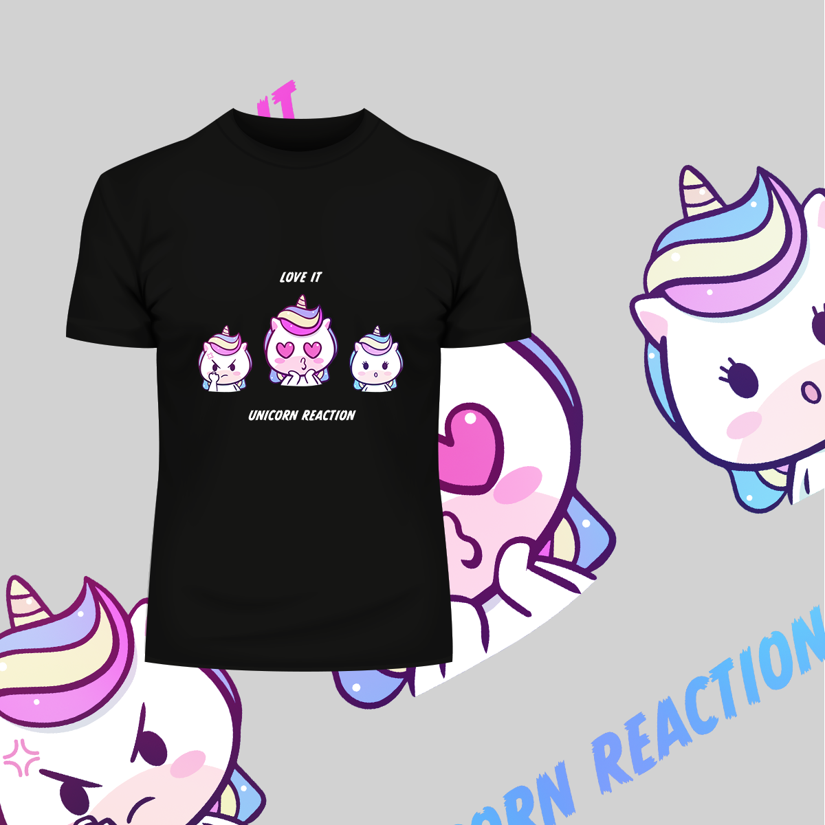 Unicorn Emoji Reaction Love Angry Excited Unisex Black and White Tee - Kuzi Tees