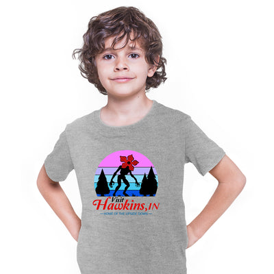 Upside Down Demogorgon Vintage Stranger Things Visit Hawkins Kids T-shirt Grey