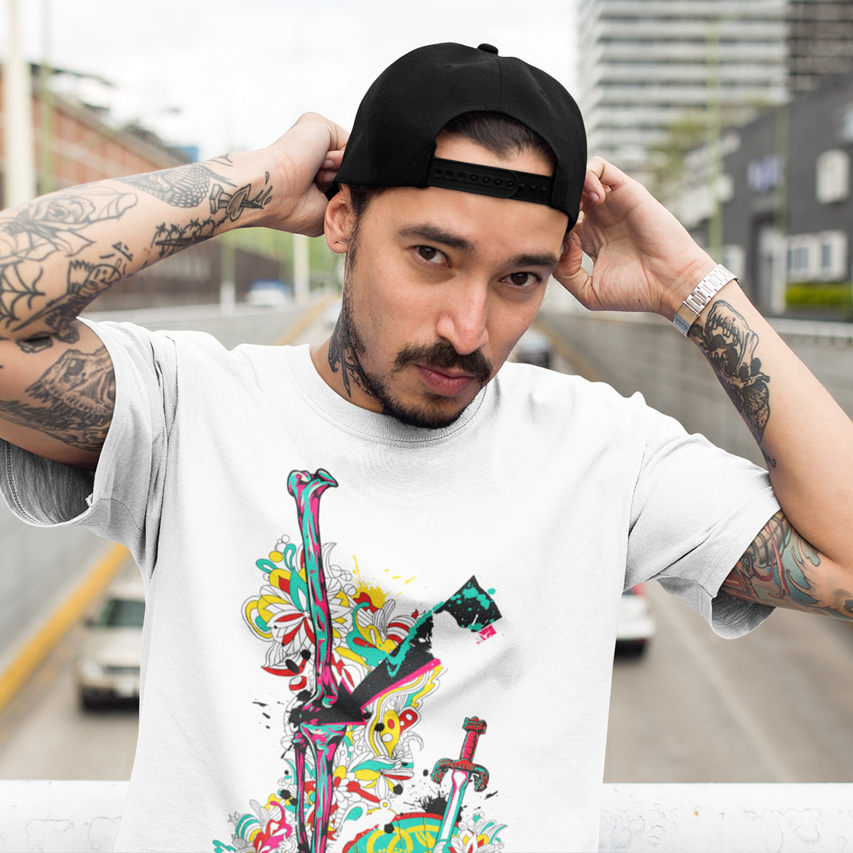 Urban Graffiti Sword Shield & Flower T-Shirt - Kuzi Tees