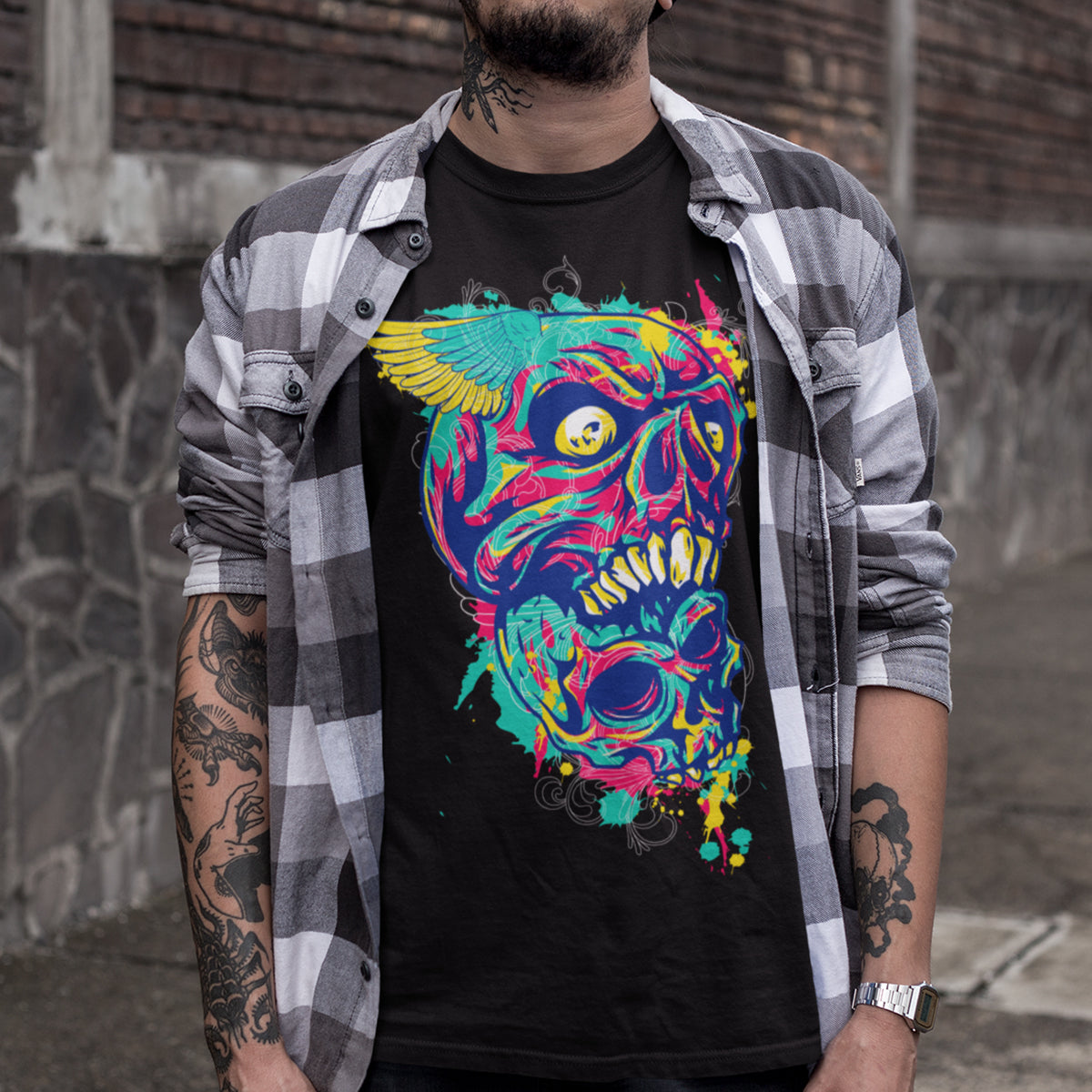 Urban Graffiti Two Demon Skull Angel Wing T-Shirt - Kuzi Tees