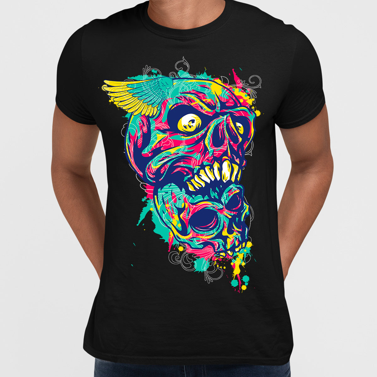 Urban Graffiti Two Demon Skull Angel Wing T-Shirt - Kuzi Tees