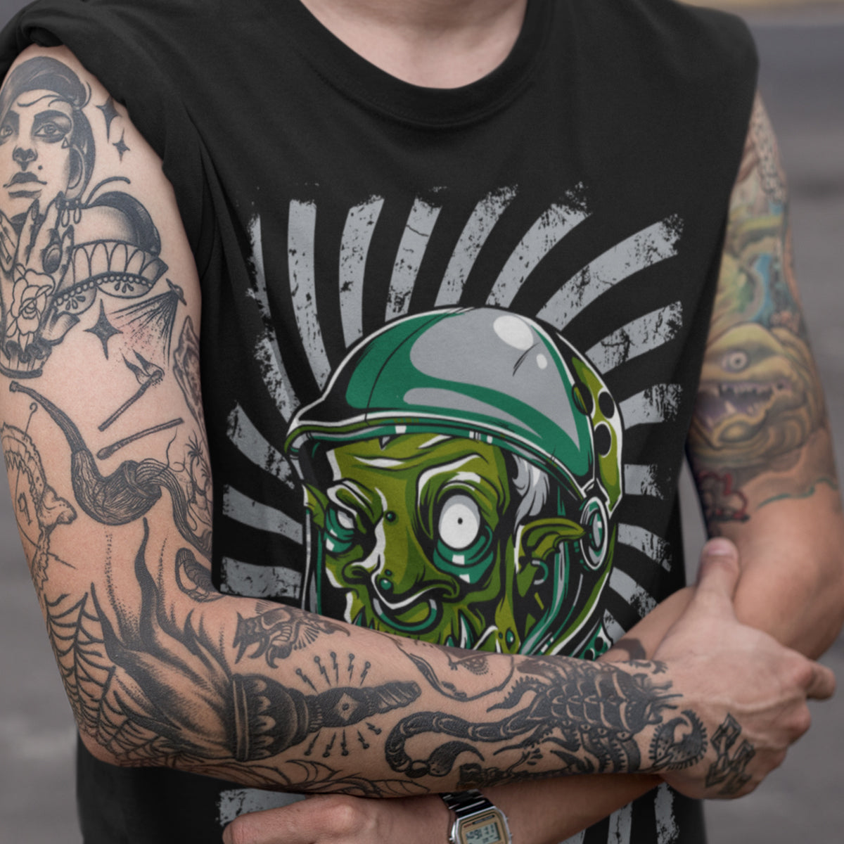 Urban Graffiti Zombie Monster Astronaut Illustration T-Shirt - Kuzi Tees