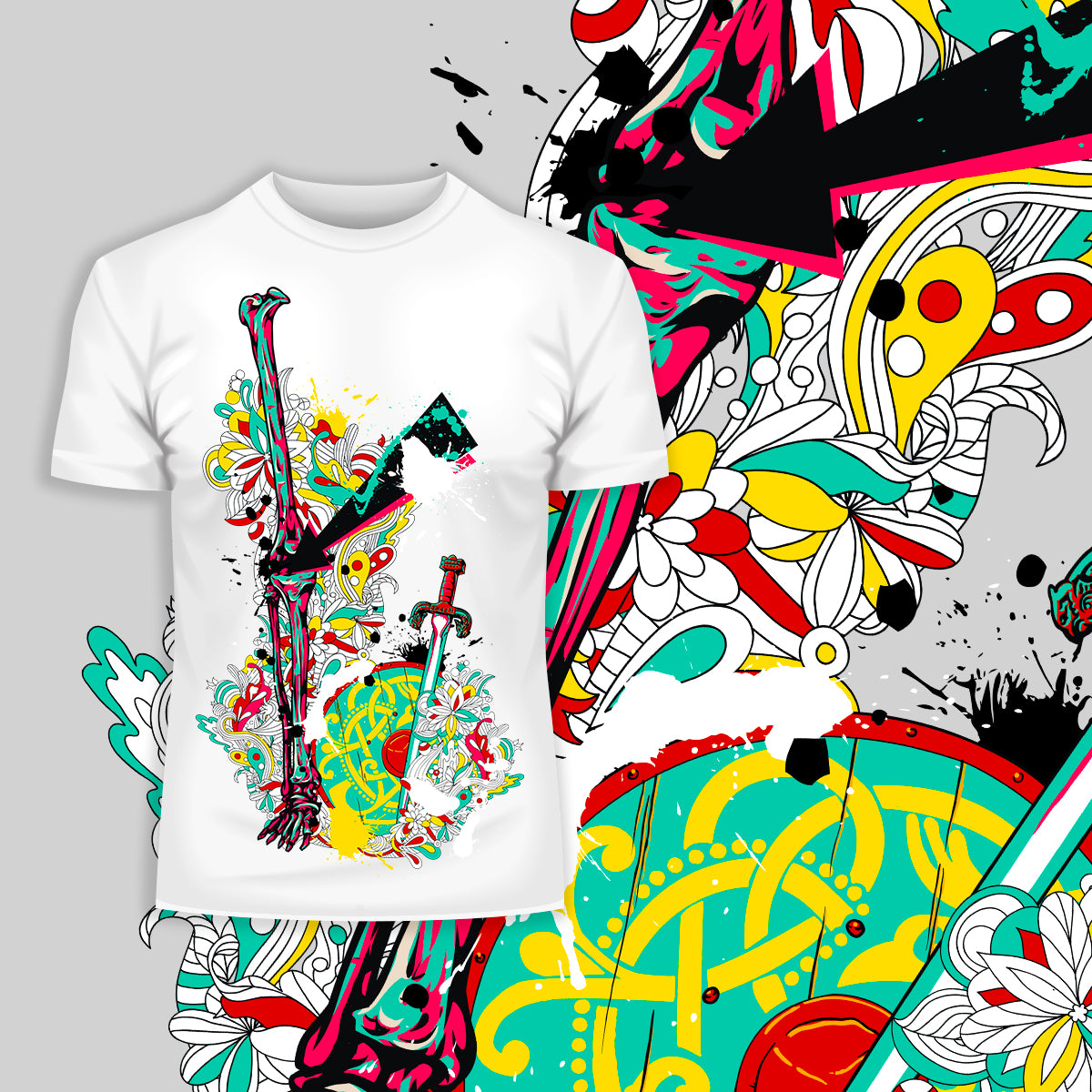 Urban Graffiti Sword Shield & Flower T-Shirt - Kuzi Tees