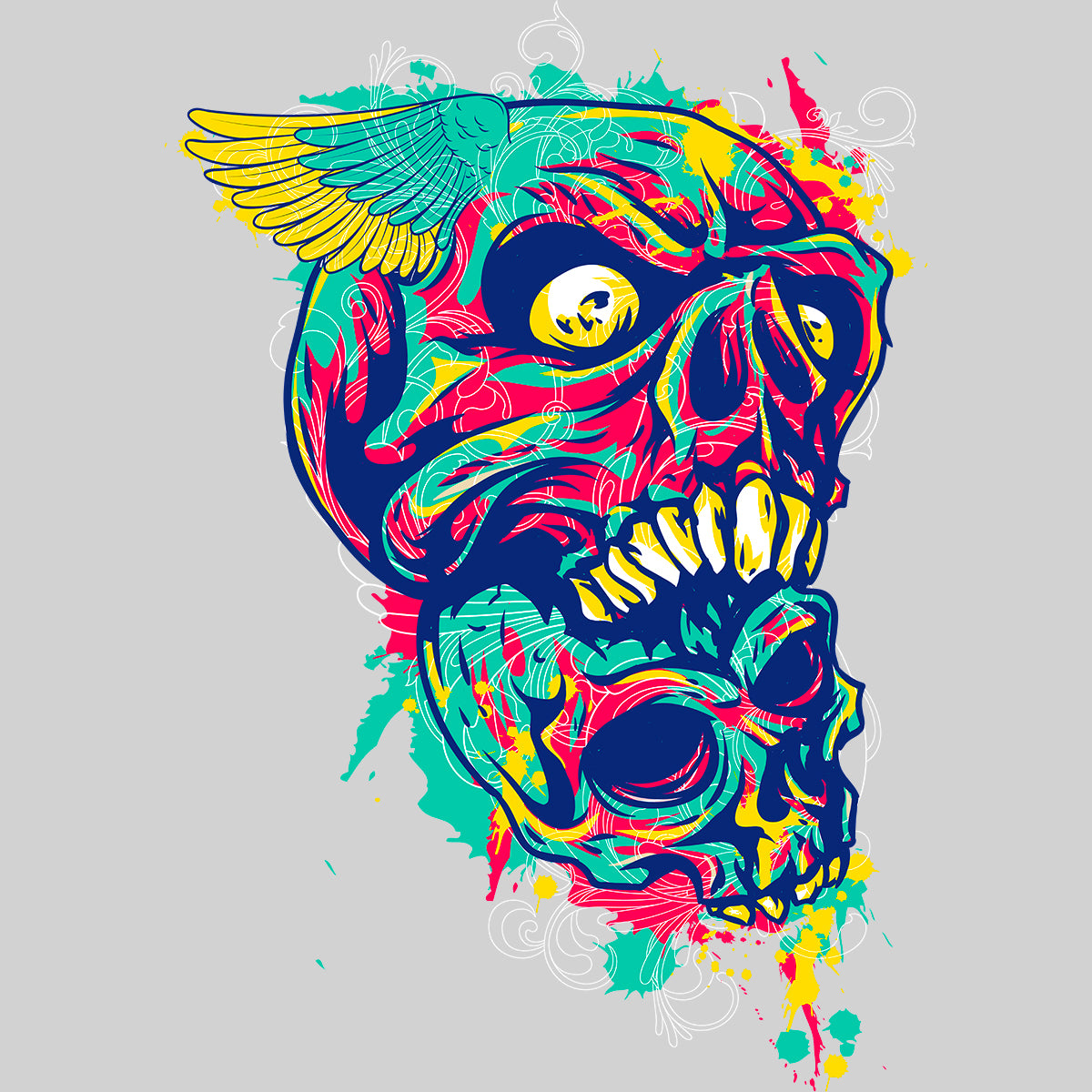 Urban Graffiti Two Demon Skull Angel Wing T-Shirt - Kuzi Tees