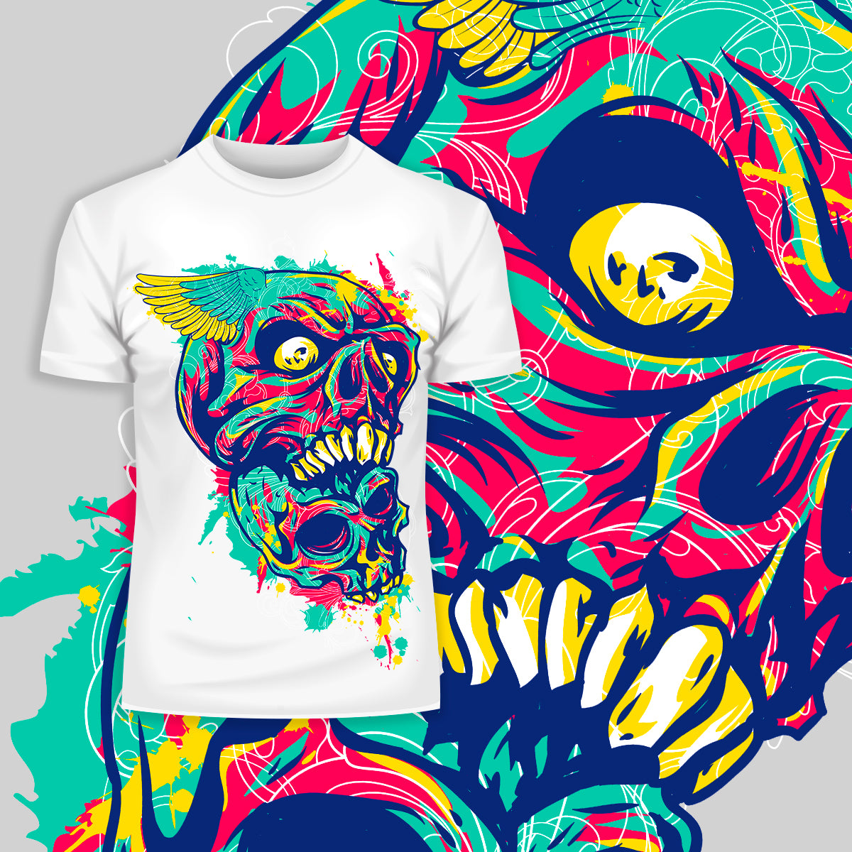 Urban Graffiti Two Demon Skull Angel Wing T-Shirt - Kuzi Tees