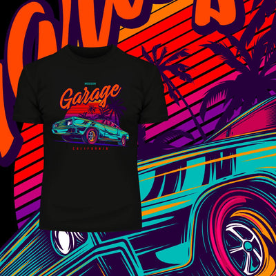 An American muscle car in retro neon style - Garage California - Kuzi Tees