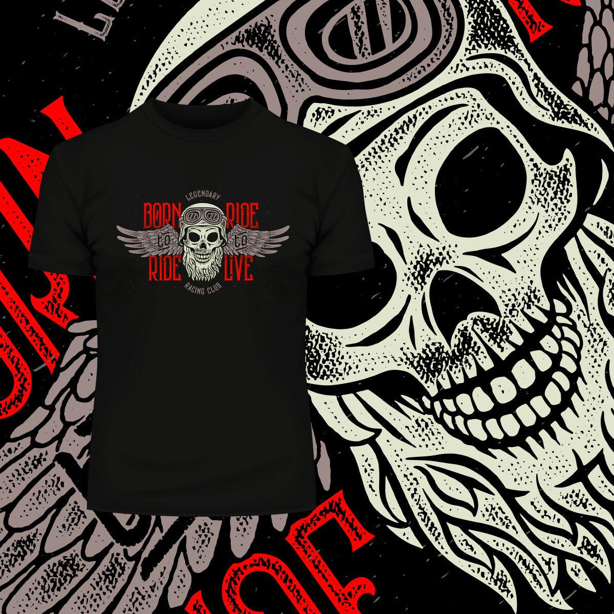 Biking Beard Skull Wearing a Biker Helmet T-shirt - Kuzi Tees