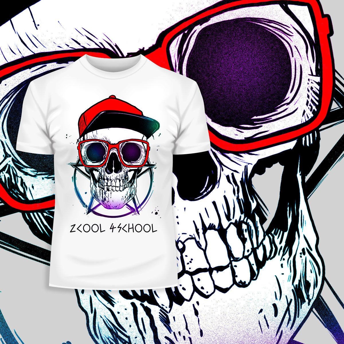 Old Skull With Glasses and Pentagram T-shirts with an Attitude For men and women - Kuzi Tees