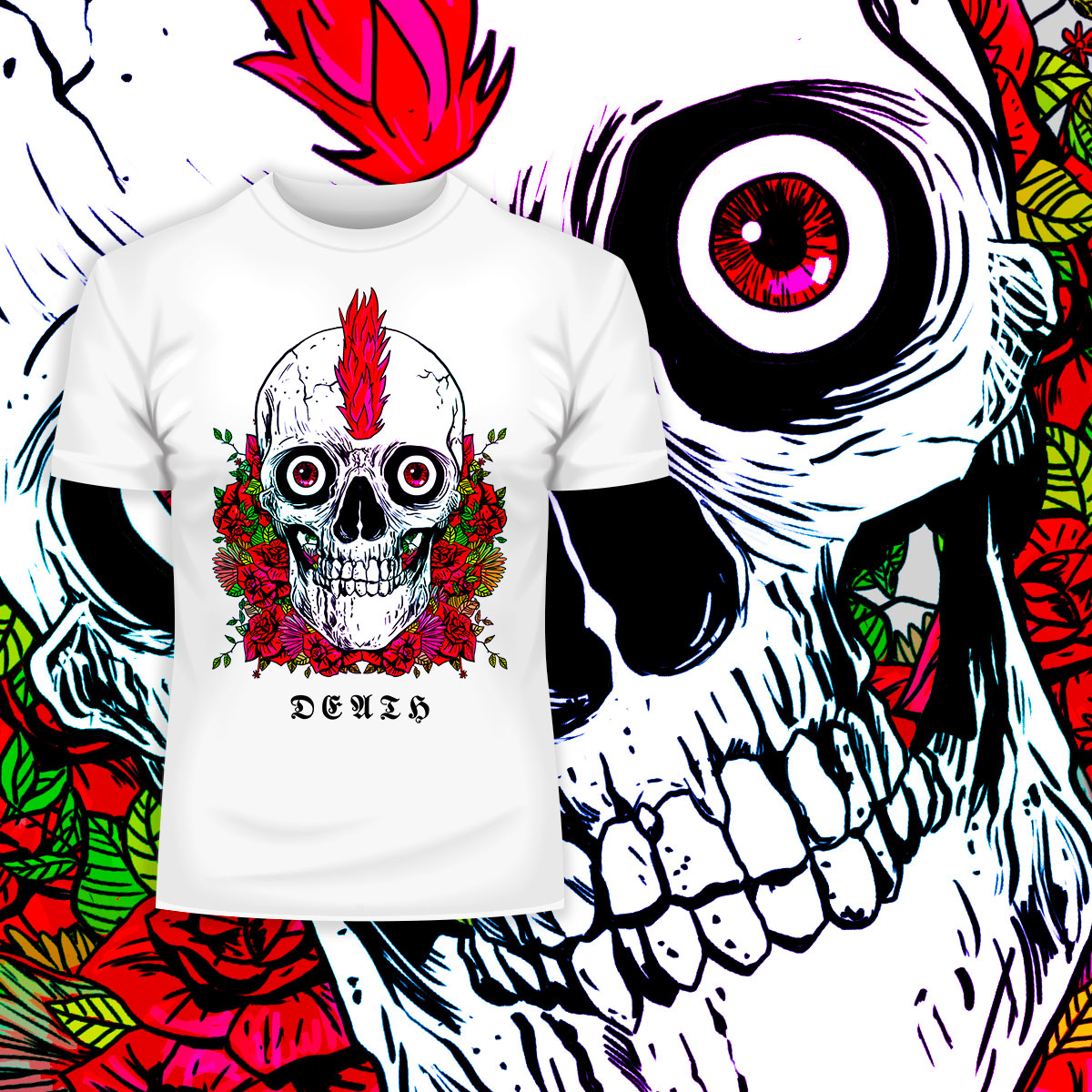Punk Skull With Roses and Red Hair T-shirts with an Attitude For Men Crew Neck - Kuzi Tees