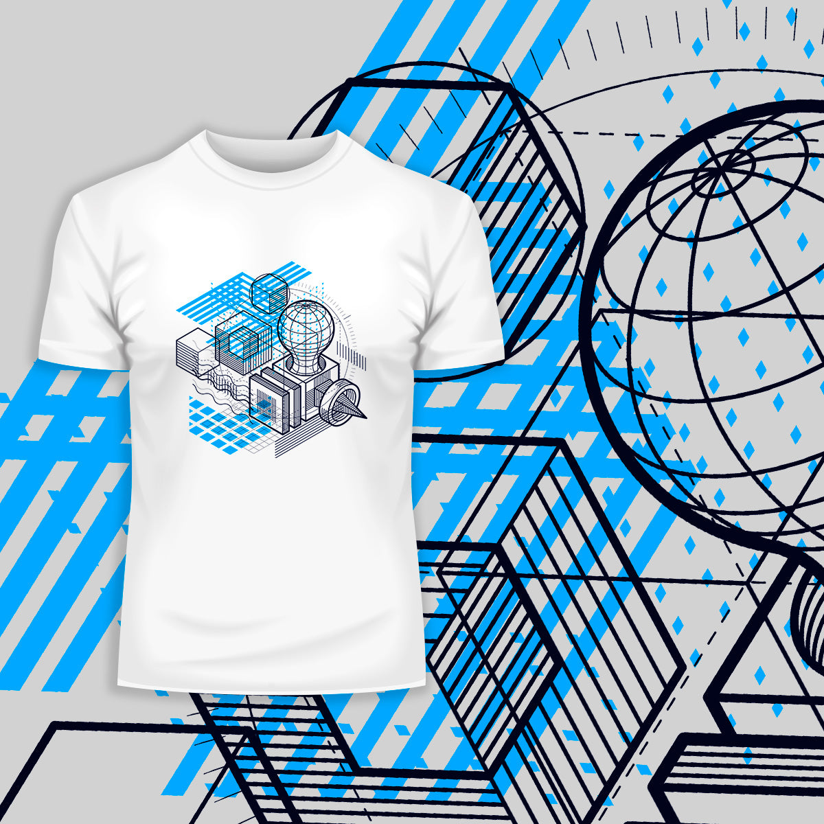 Isometric Elements Shapes Unique Crew Neck White T-Shirt Design - Kuzi Tees