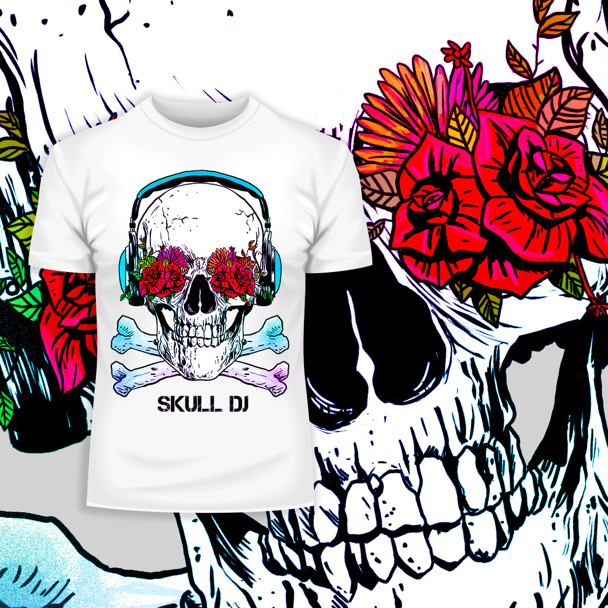 Skull DJ  Flowers and Headphones T-shirts with an Attitude For men and women - Kuzi Tees