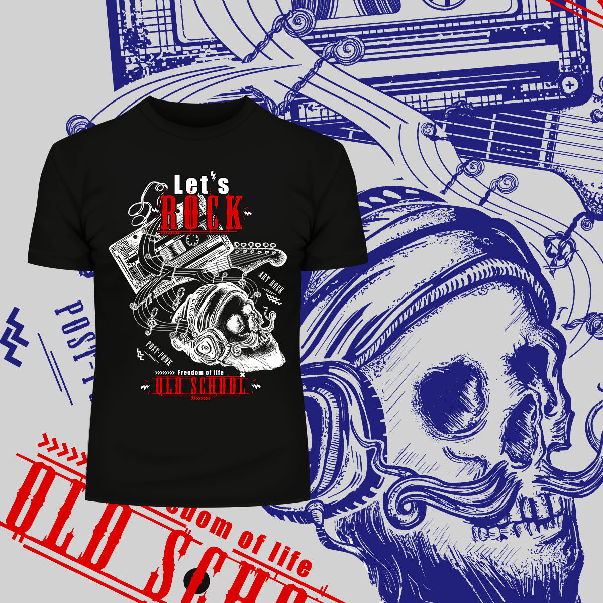 Retro Old Skool - Let's Rock Skull & Guitar - Kuzi Tees