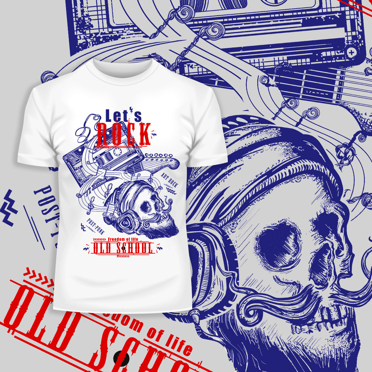 Retro Old Skool - Let's Rock Skull & Guitar - Kuzi Tees
