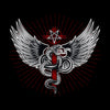 Snake with wings wrapped around a cross with pentagram - Kuzi Tees