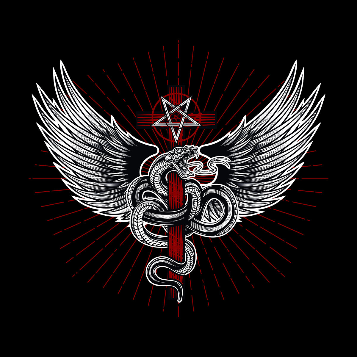 Snake with wings wrapped around a cross with pentagram - Kuzi Tees