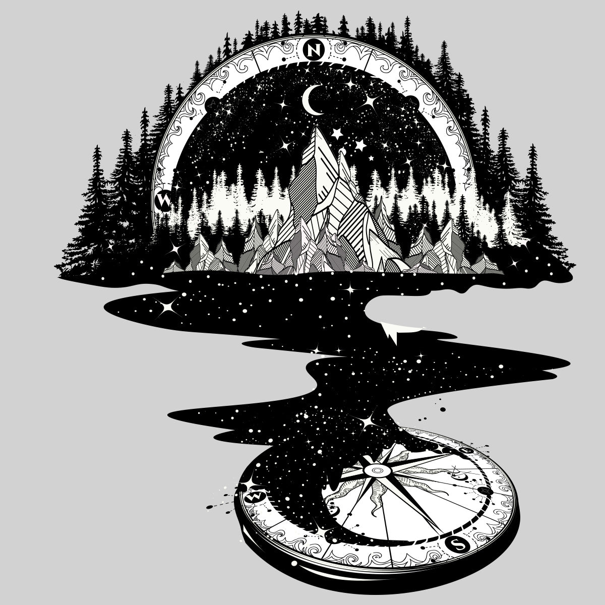 Surreal T-shirt of River Mountain & a Compass - Kuzi Tees