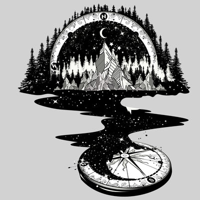 Surreal T-shirt of River Mountain & a Compass - Kuzi Tees