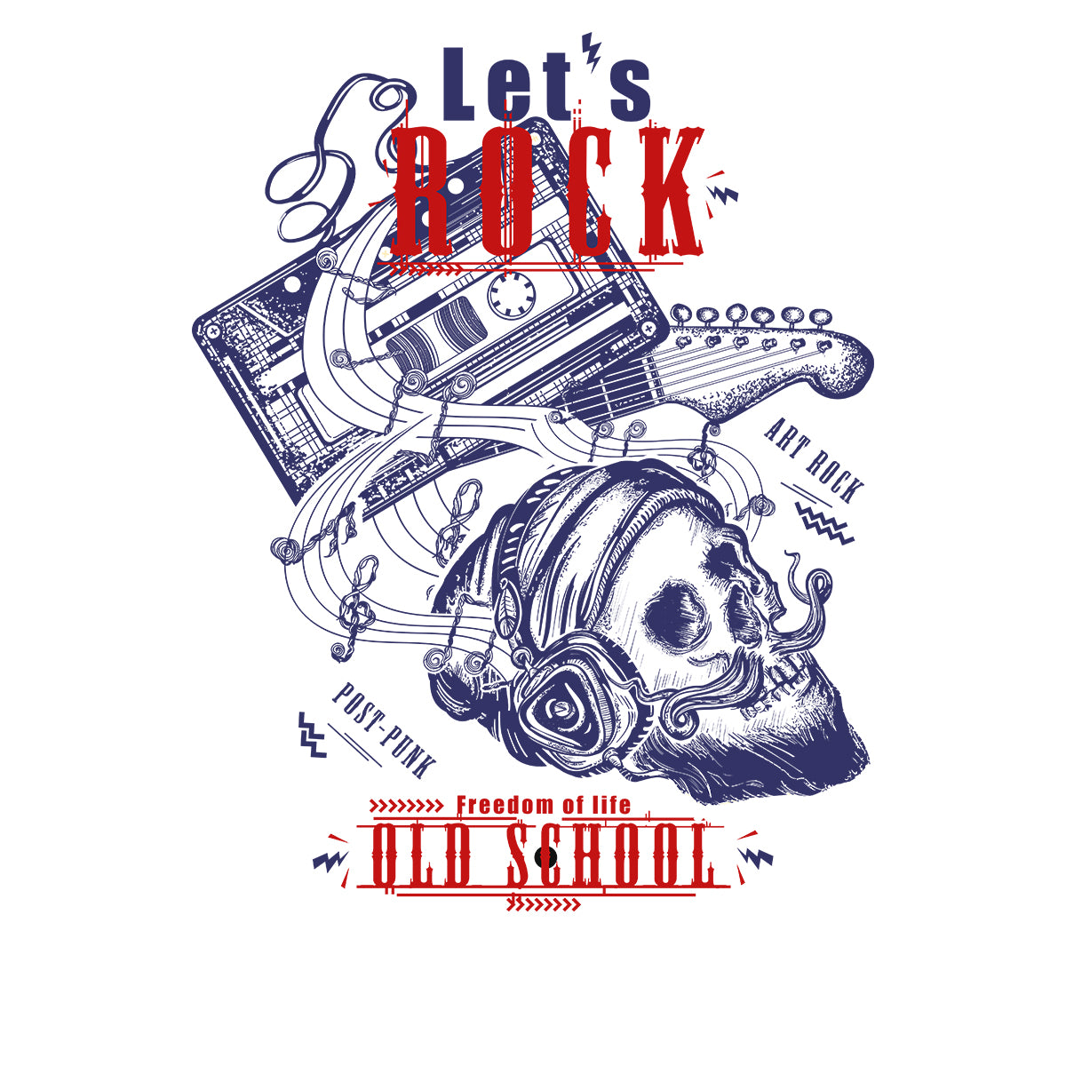 Retro Old Skool - Let's Rock Skull & Guitar - Kuzi Tees