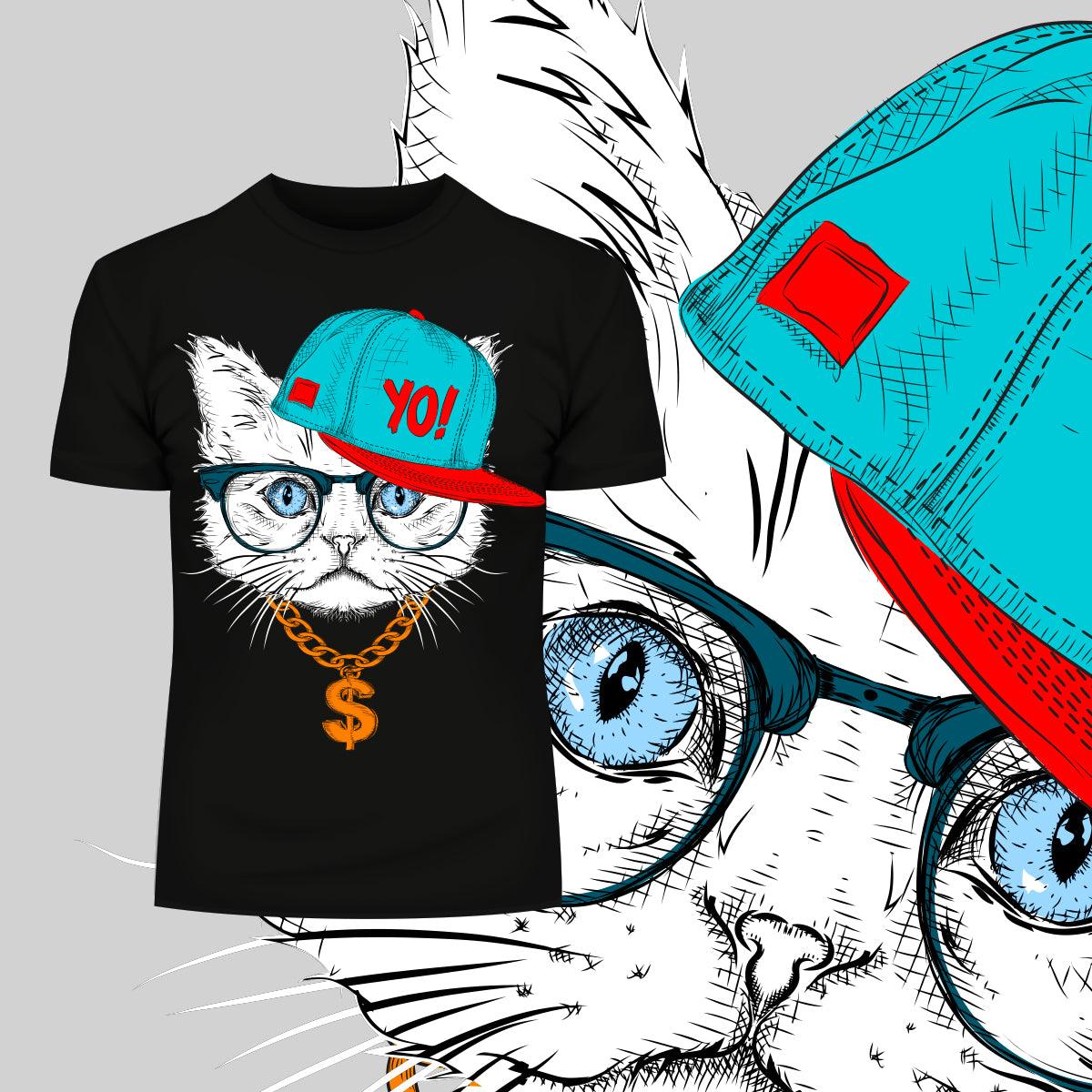Hip Hop T-Shirt Cat with the Glasses and Gangster Hat - Kuzi Tees