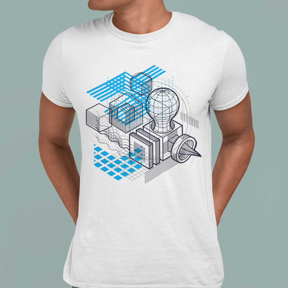 Isometric Elements Shapes Unique Crew Neck White T-Shirt Design - Kuzi Tees