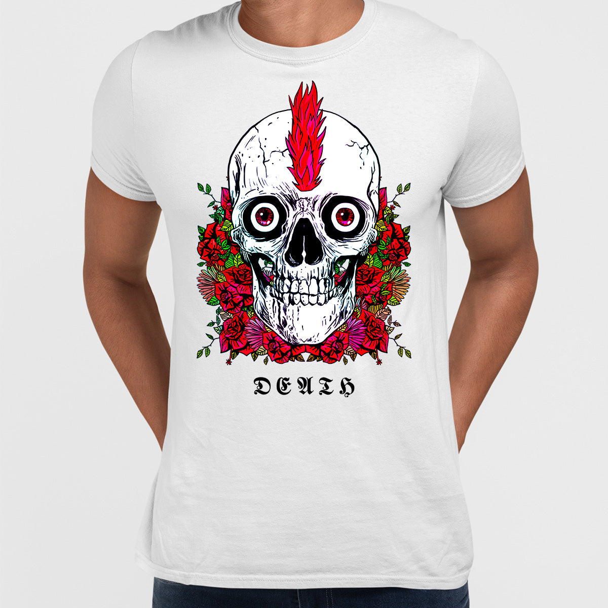 Punk Skull With Roses and Red Hair T-shirts with an Attitude For Men Crew Neck - Kuzi Tees