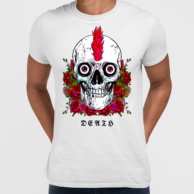 Punk Skull With Roses and Red Hair T-shirts with an Attitude For Men Crew Neck - Kuzi Tees
